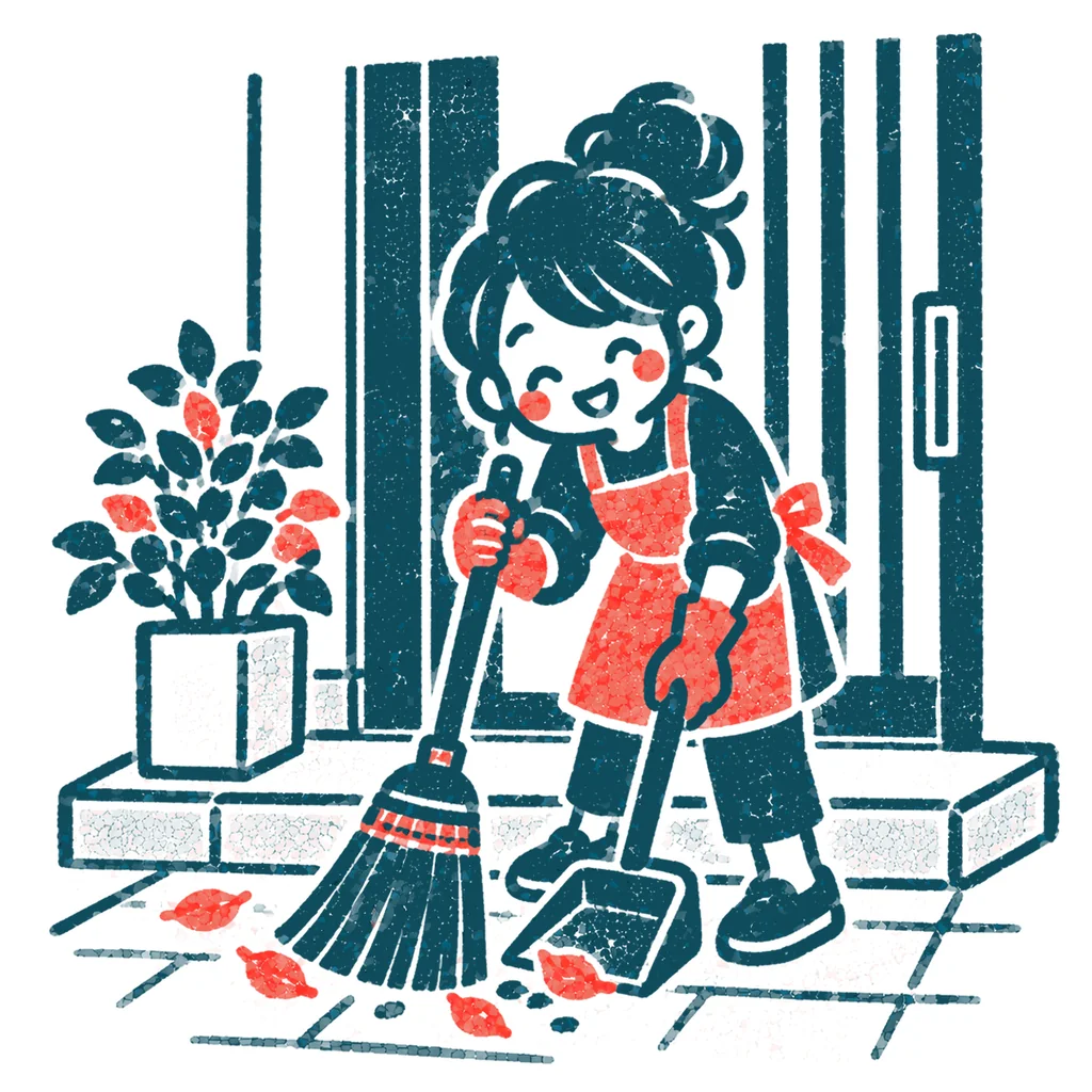 玄関を掃く人のイラスト(はんこ)
