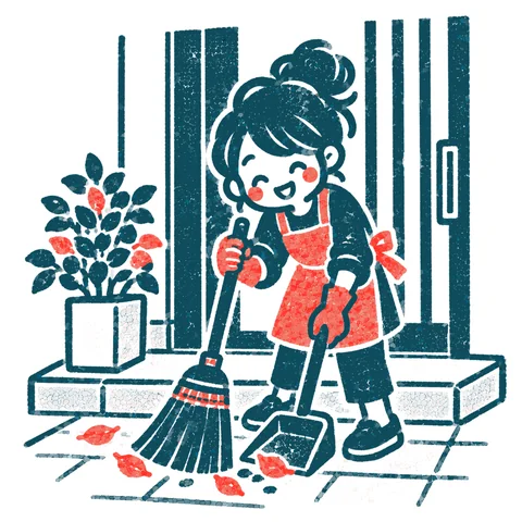 玄関を掃く人のイラスト(はんこ)