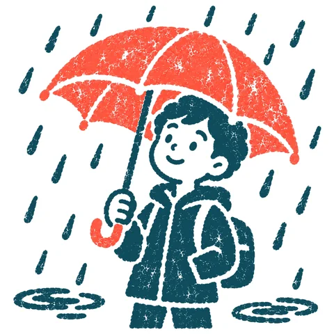 雨の日に傘をさす人のイラスト(はんこ)
