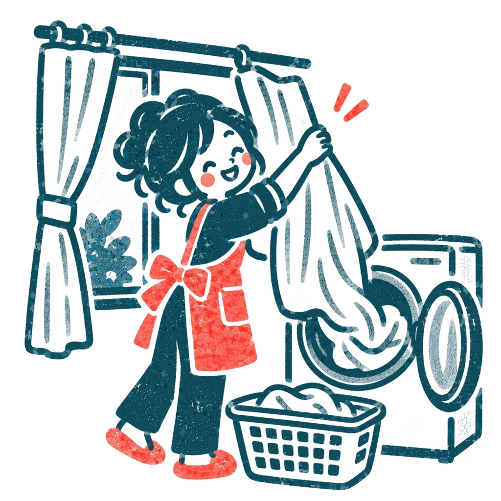 カーテンを洗う人のイラスト(はんこ)