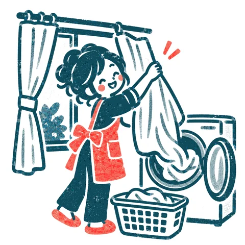 カーテンを洗う人のイラスト(はんこ)