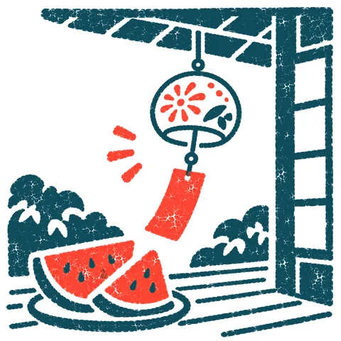 風鈴と夏の縁側のイラスト(はんこ)