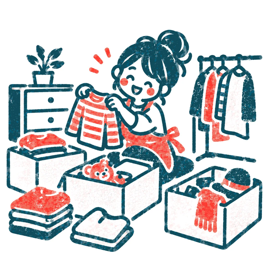 不要な物を片付ける人のイラスト(はんこ)